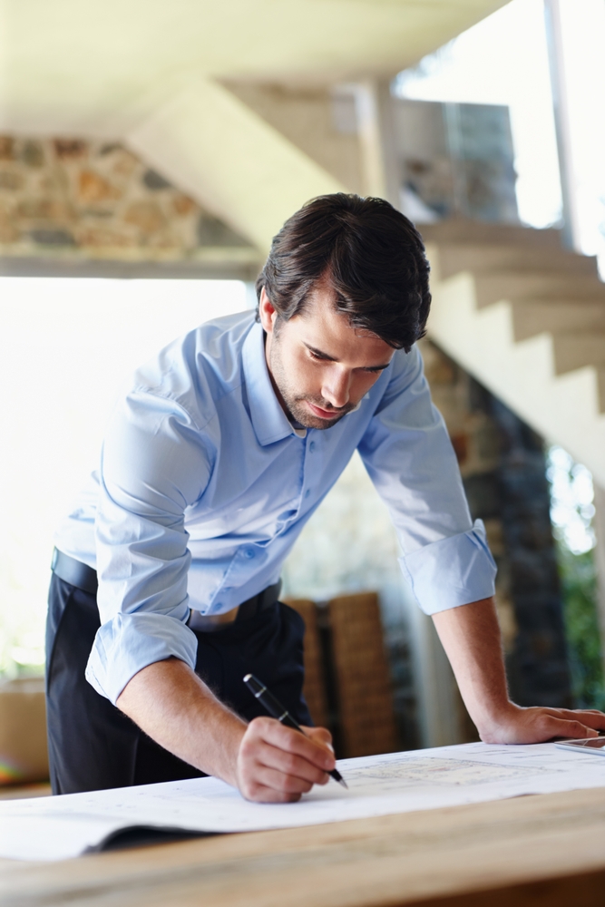 Home,Office,,Pen,And,Business,Man,With,Blueprint,For,Industrial