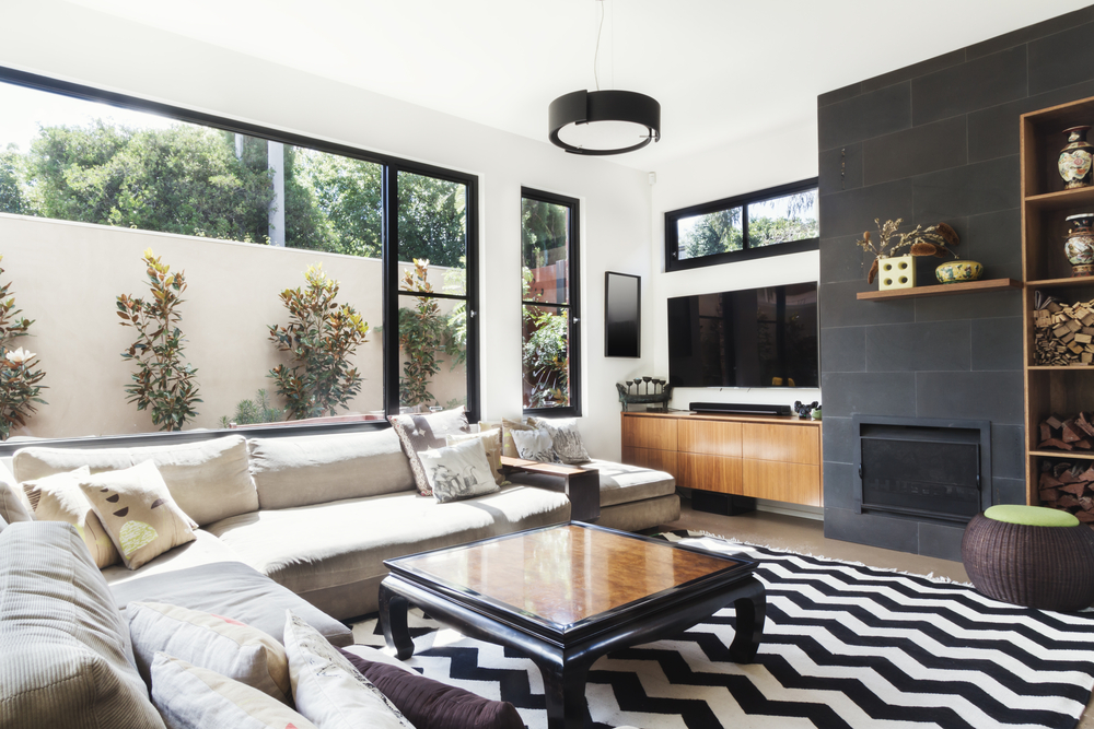 Monochrome,Living,Room,With,Wood,And,Grey,Tiling,Accents,And